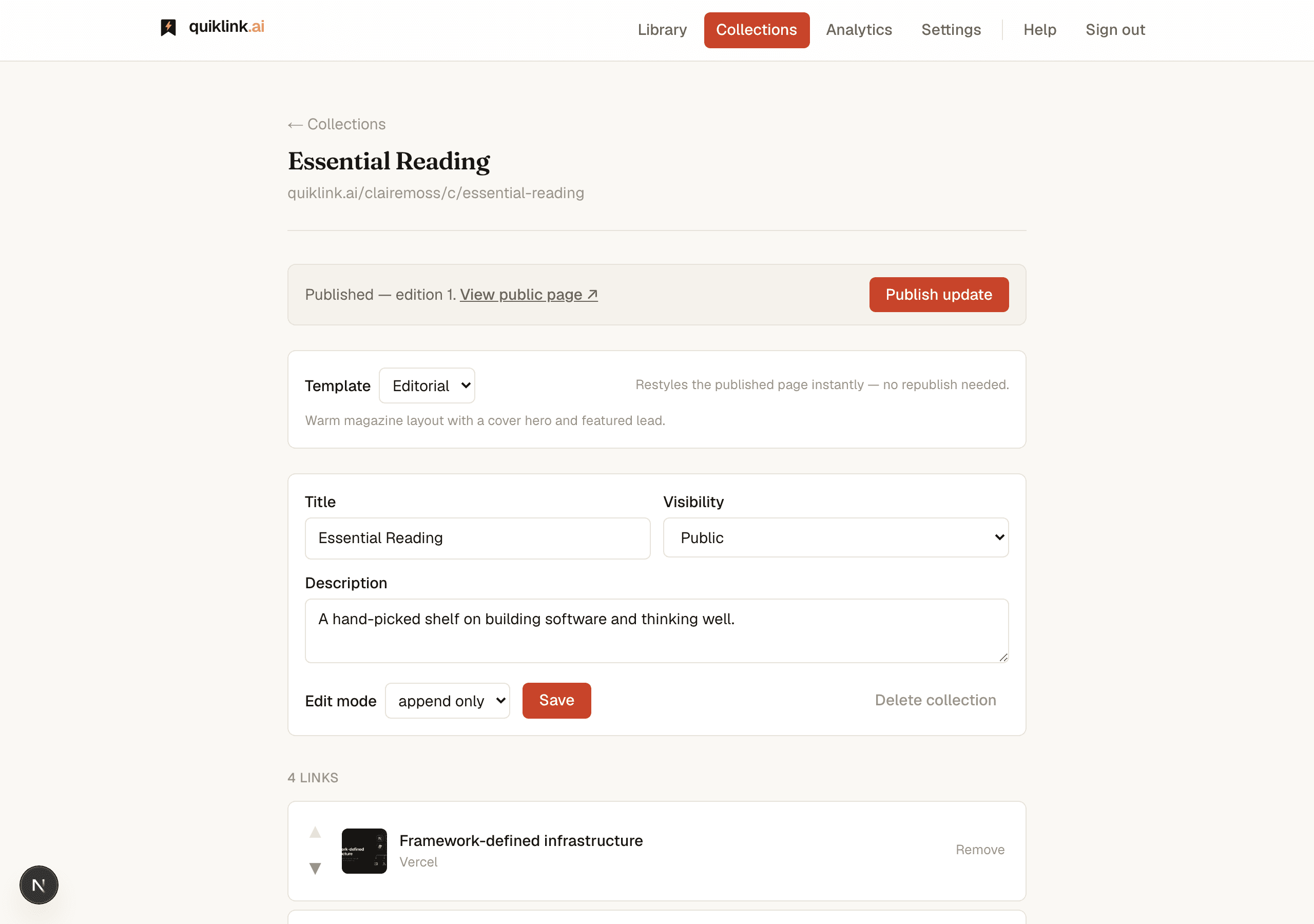 The collection editor with publish bar, visibility selector, template chooser, and ordered link list