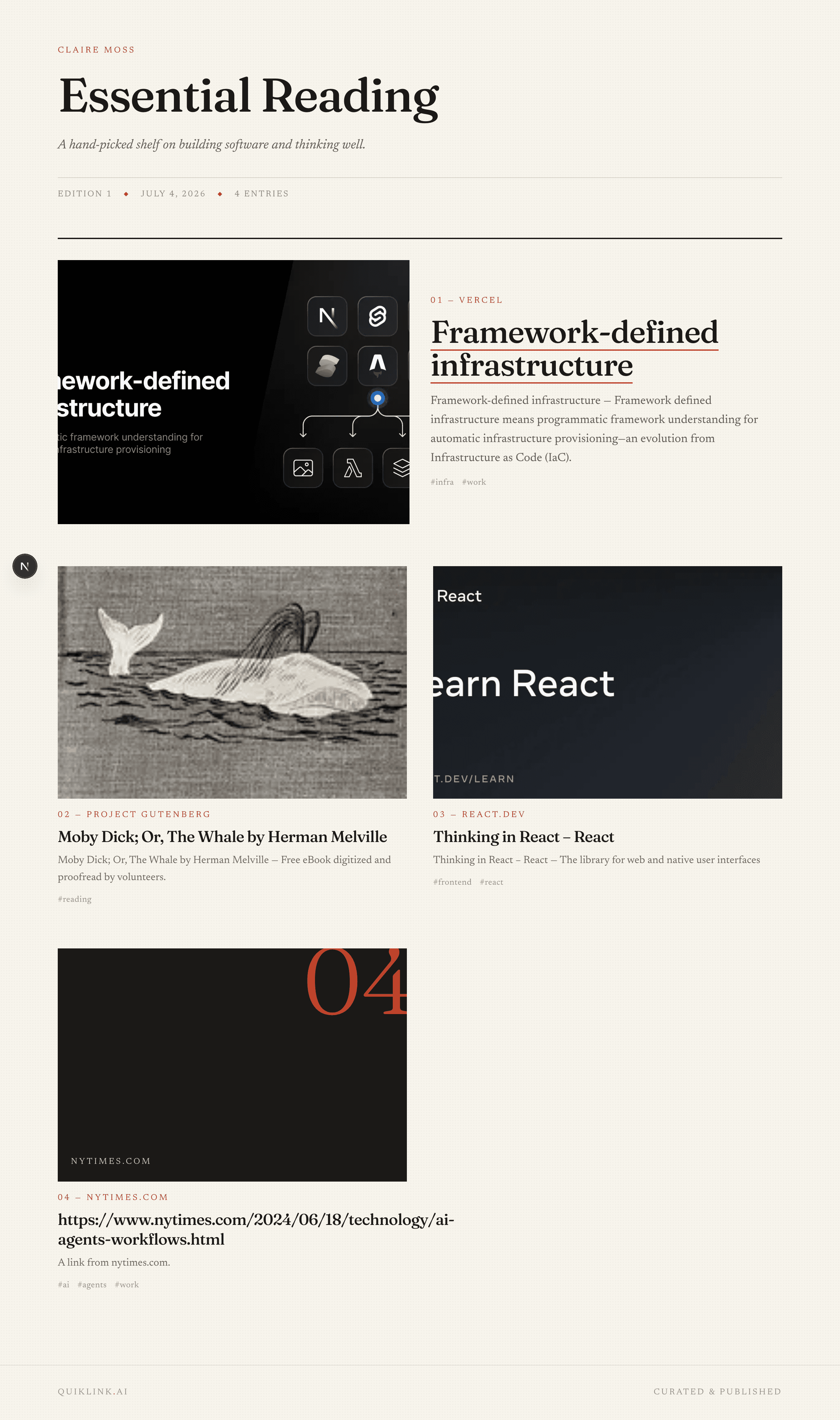A live published collection in the Editorial template — warm paper background, large Fraunces headline