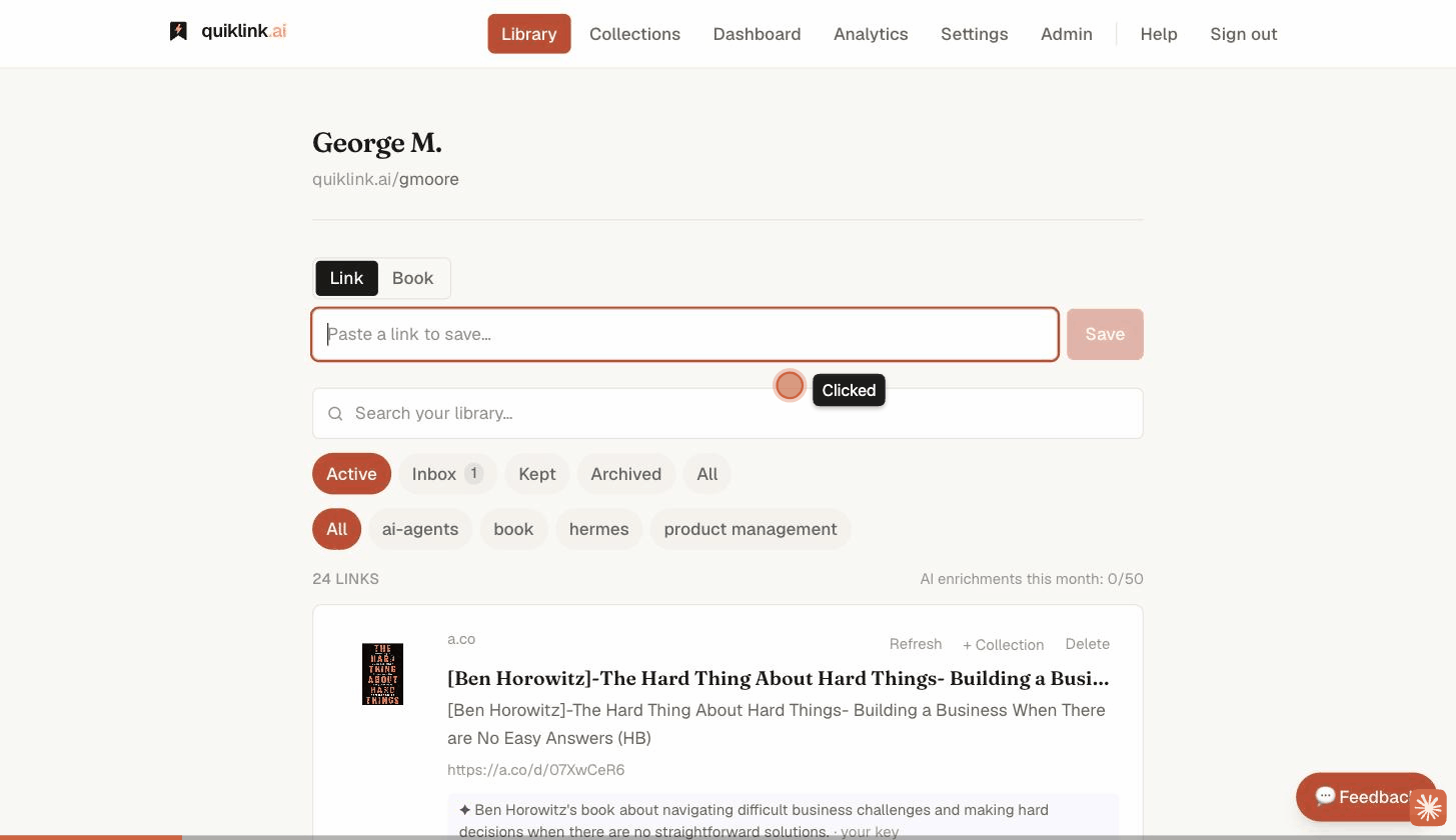 Pasting a link into quiklink and watching AI generate a title, summary, and tags