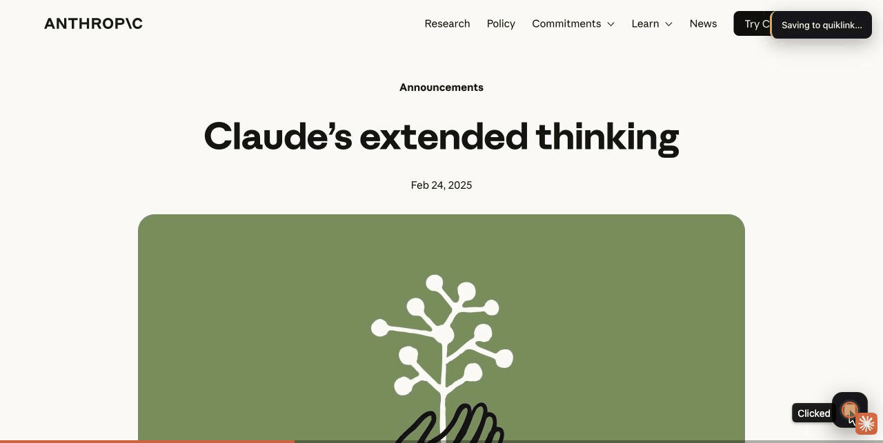 Saving the page you're reading with the quiklink browser extension — a toast confirms without leaving the page