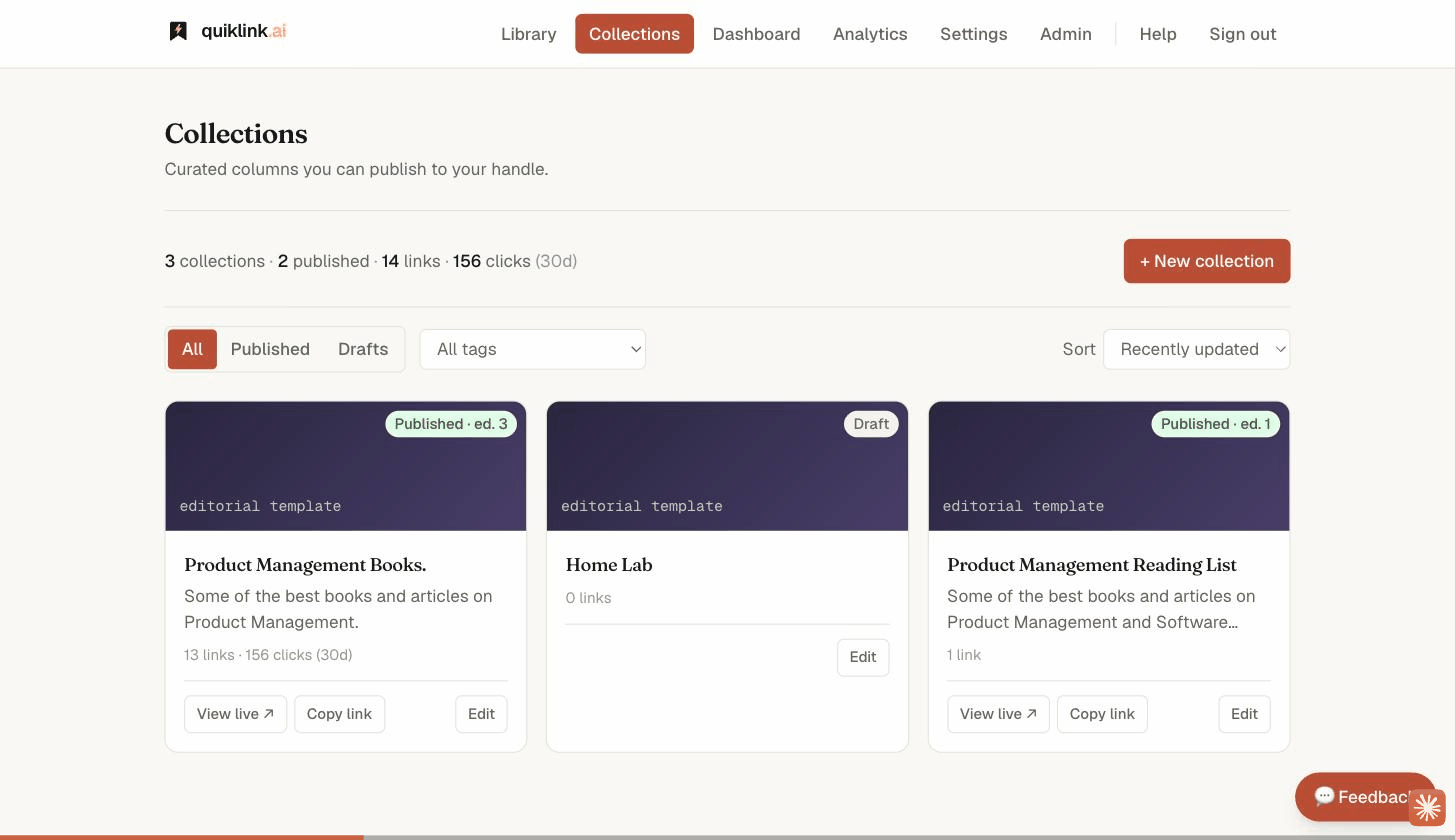 Publishing a quiklink collection as a polished public editorial page